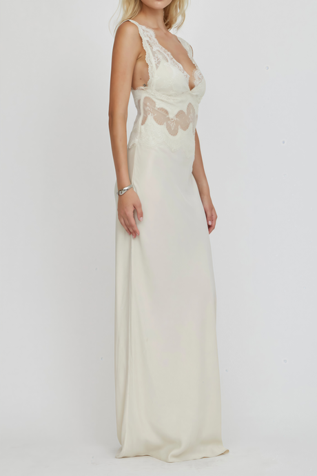 Aurohaya Aitana Neutrals Satin Maxi Dress with Lace Panels