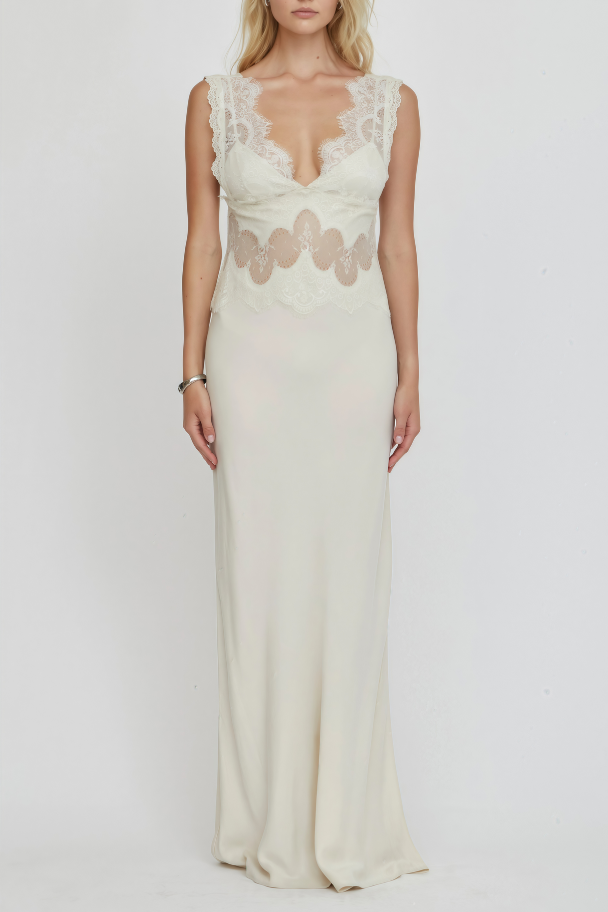Aurohaya Aitana Neutrals Satin Maxi Dress with Lace Panels