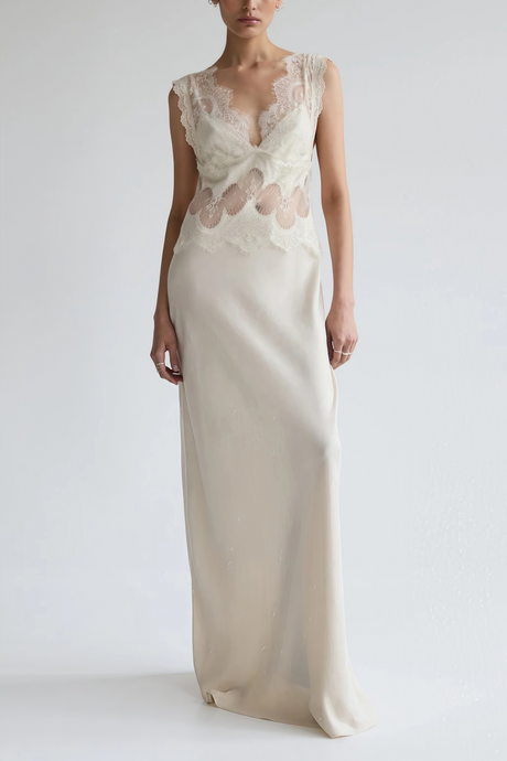 Aurohaya Aitana Neutrals Satin Maxi Dress with Lace Panels
