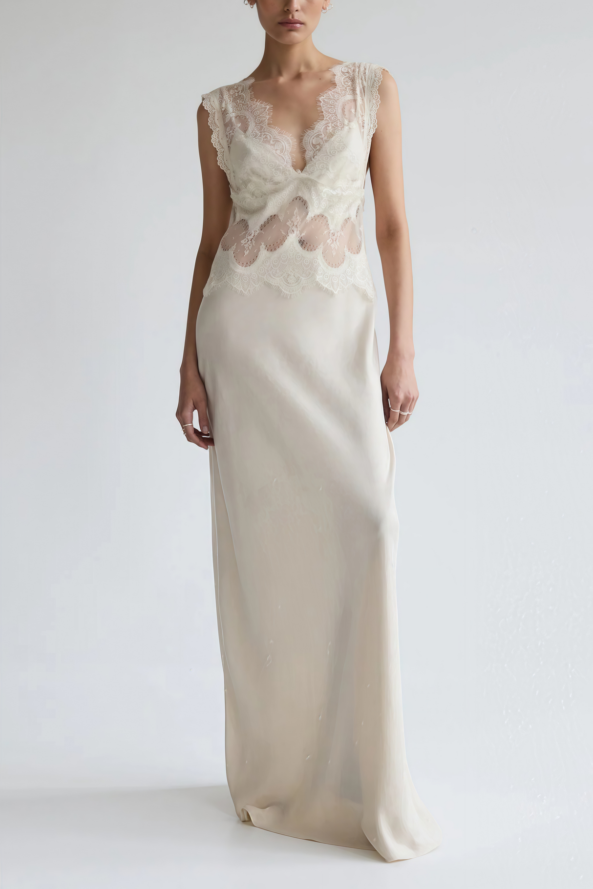 Aurohaya Aitana Neutrals Satin Maxi Dress with Lace Panels