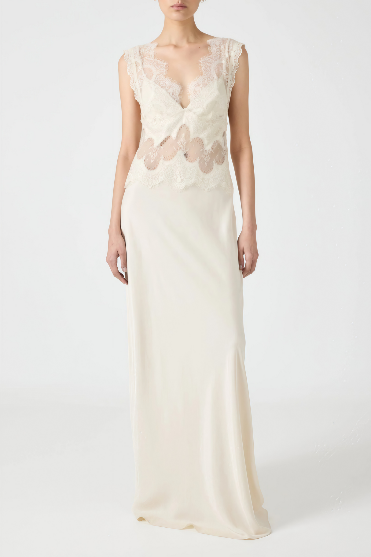 Aurohaya Aitana Neutrals Satin Maxi Dress with Lace Panels