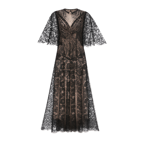 Aurohaya Alaia Black Cape Design Floral Lace Midi Dress