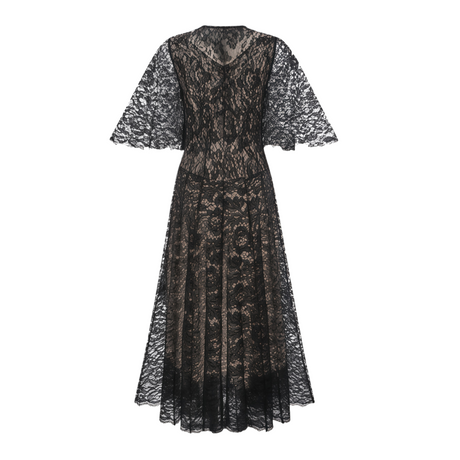 Aurohaya Alaia Black Cape Design Floral Lace Midi Dress