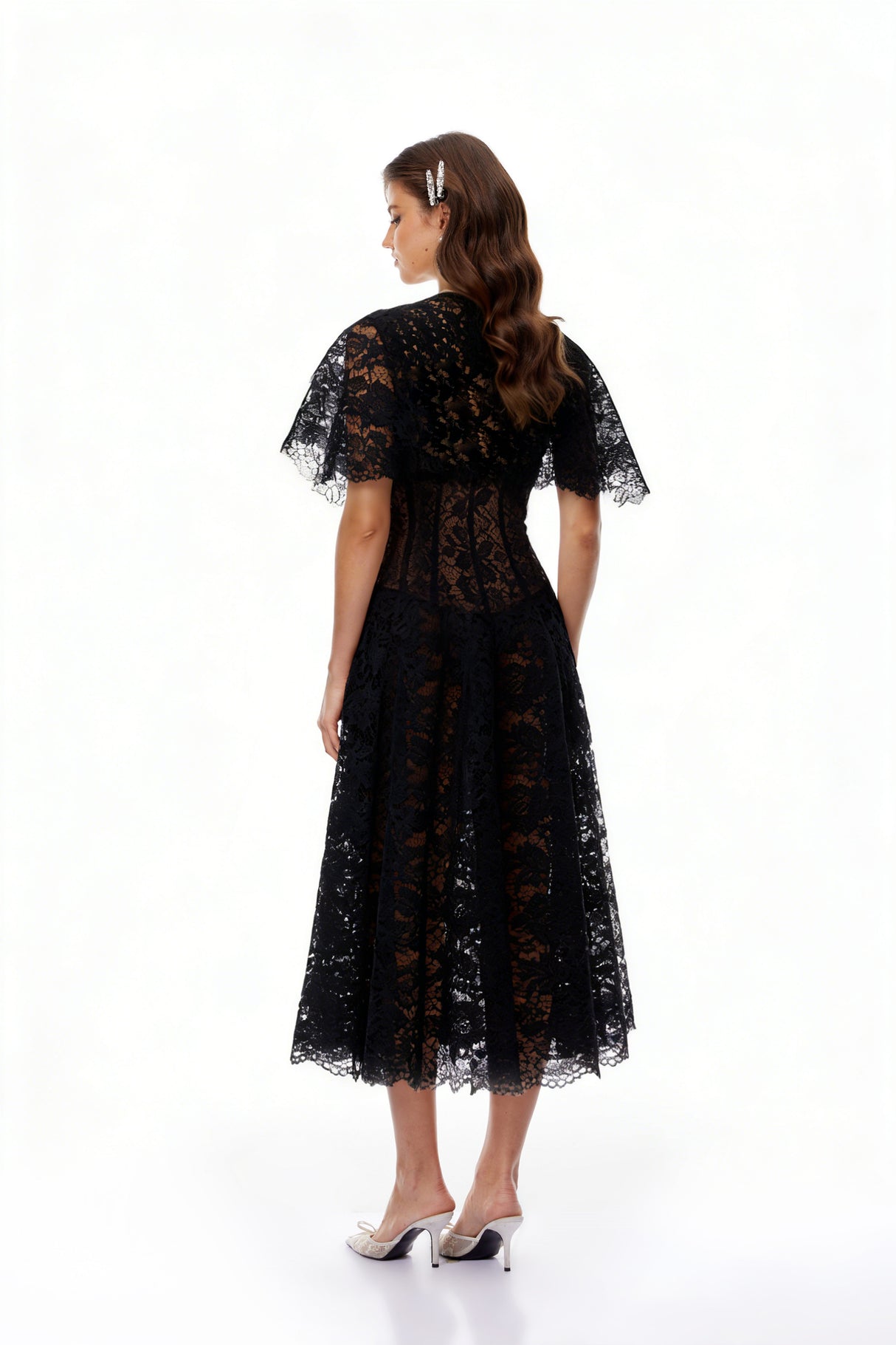 Aurohaya Alaia Black Cape Design Floral Lace Midi Dress