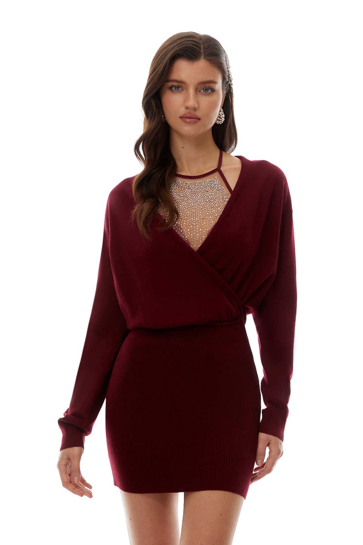 Aurohaya Alaia Red Rhinestone Embellished Knit Dress
