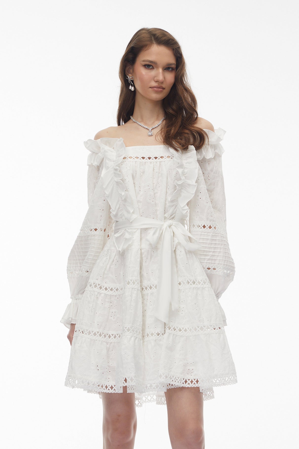 Aurohaya Alcestis White Ruffled Mini Dress with Self-Tie