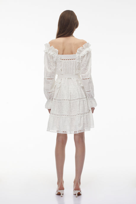 Aurohaya Alcestis White Ruffled Mini Dress with Self-Tie
