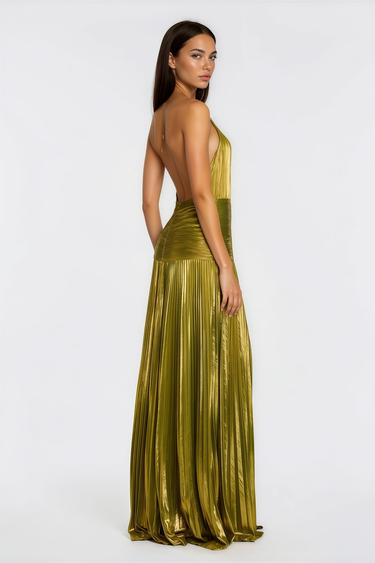 Aurohaya Alchimie Gold Glossy Pleated Maxi Dress