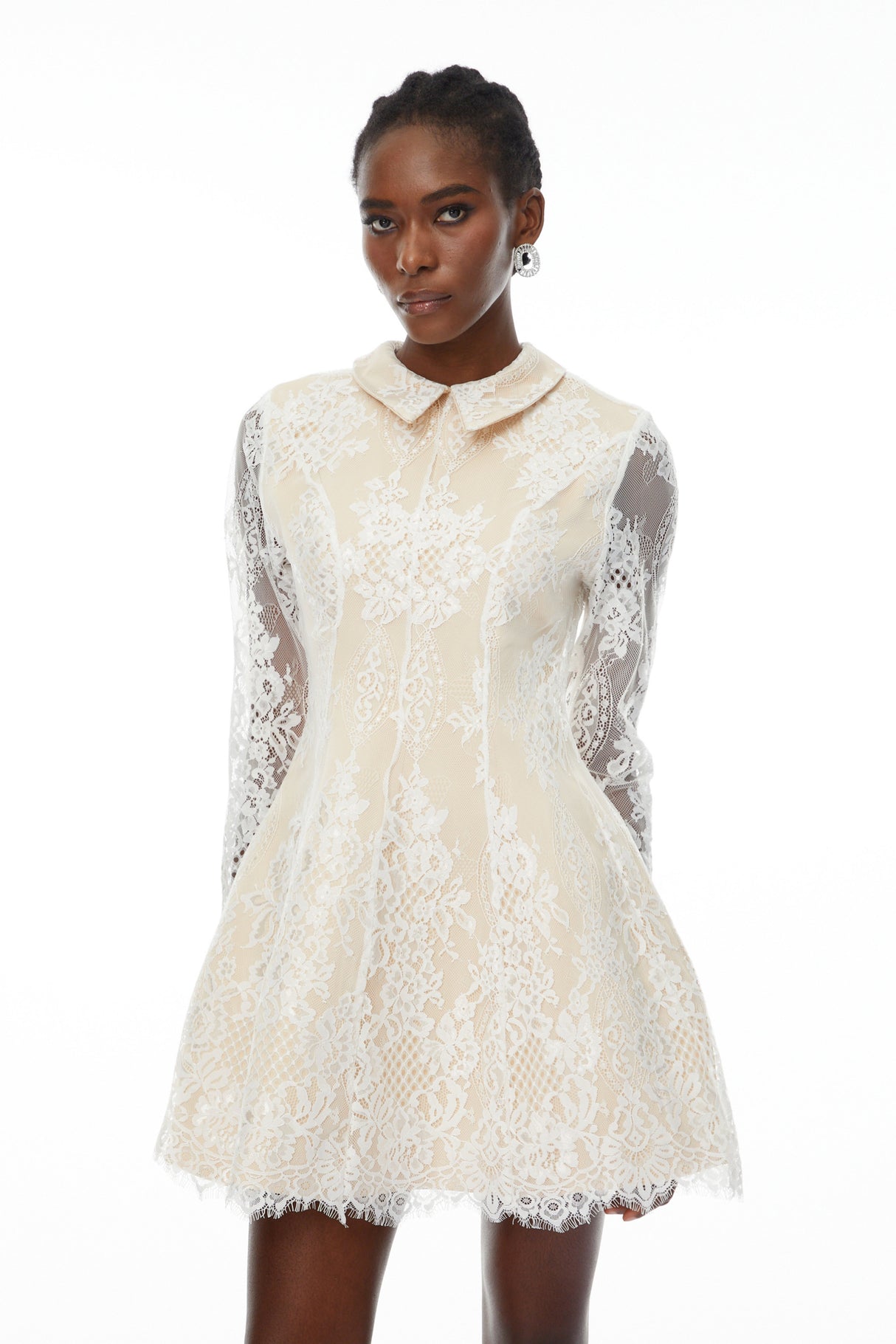 Aurohaya Aleksandra White Floral Lace Mini Dress