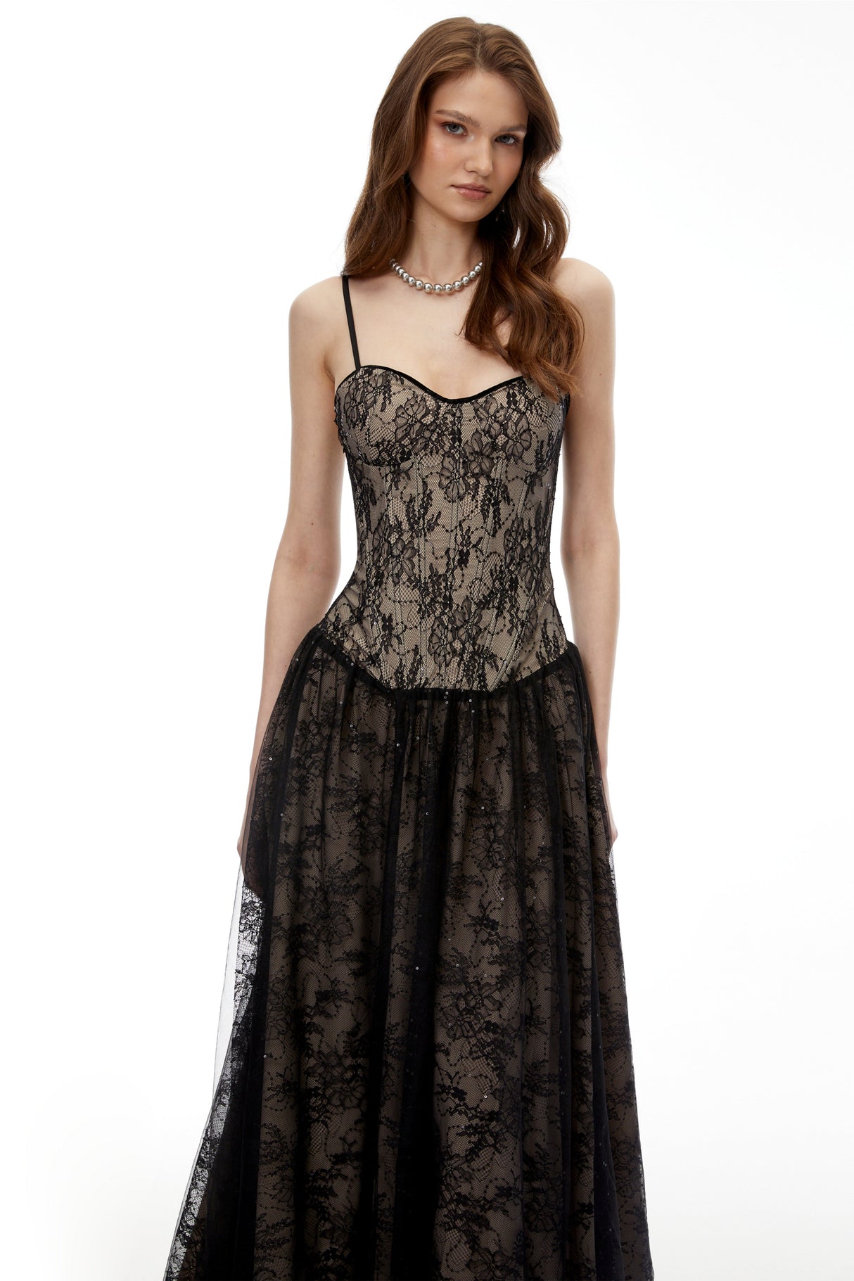 Aurohaya Alessa Black Floral Lace Maxi Dress with Tulle Panels
