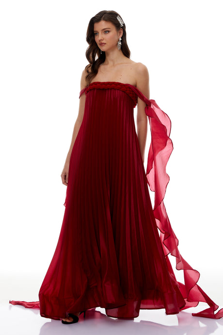 Aurohaya Alexandra Red Ruffled Maxi Dress with Shirred Bodice