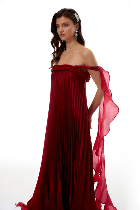 Aurohaya Alexandra Red Ruffled Maxi Dress with Shirred Bodice