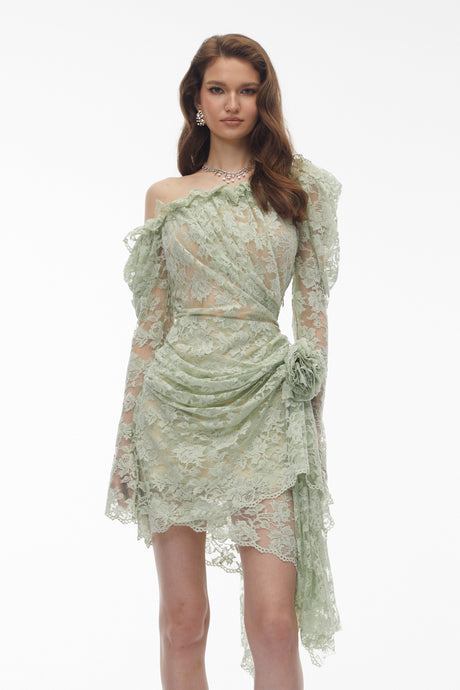 Aurohaya Alexis Sage Green Semi-Sheer Floral Lace Mini Dress