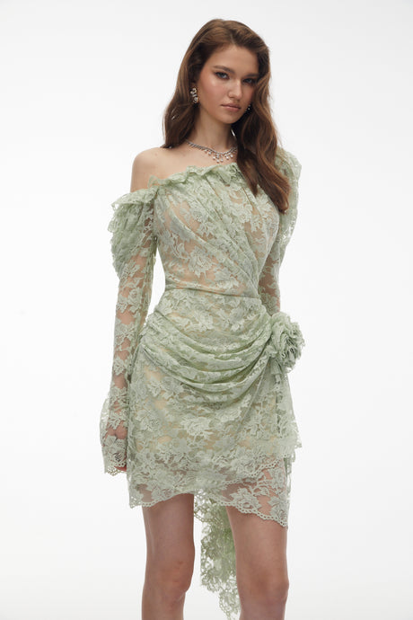 Aurohaya Alexis Sage Green Semi-Sheer Floral Lace Mini Dress