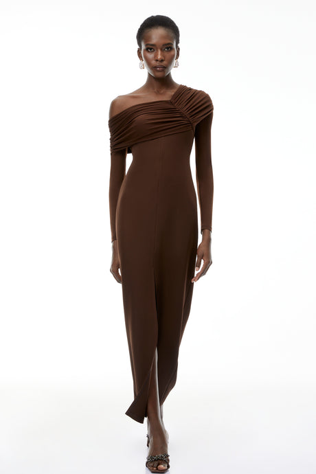 Aurohaya Almudena Chocolate Brown One Shoulder Maxi Dress