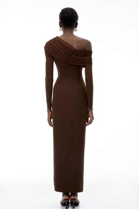 Aurohaya Almudena Chocolate Brown One Shoulder Maxi Dress