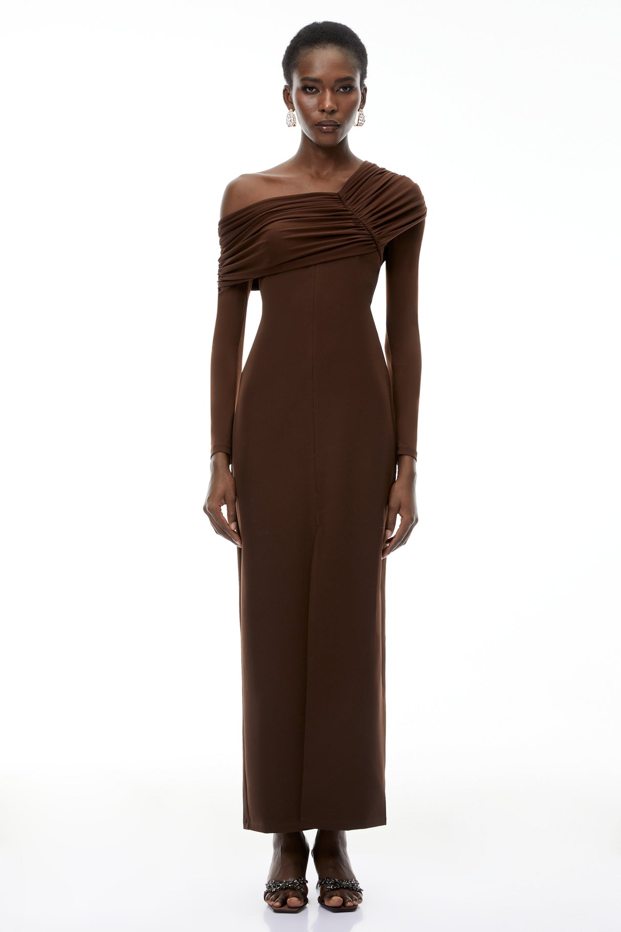 Aurohaya Almudena Chocolate Brown One Shoulder Maxi Dress