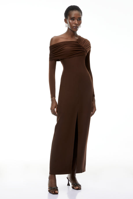 Aurohaya Almudena Chocolate Brown One Shoulder Maxi Dress