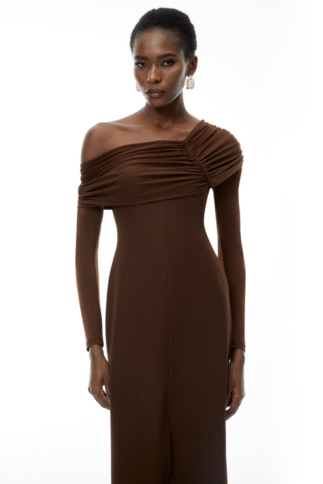 Aurohaya Almudena Chocolate Brown One Shoulder Maxi Dress