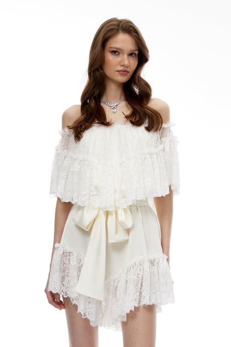 Aurohaya Altheaia White Off Shoulder Lace Mini Dress