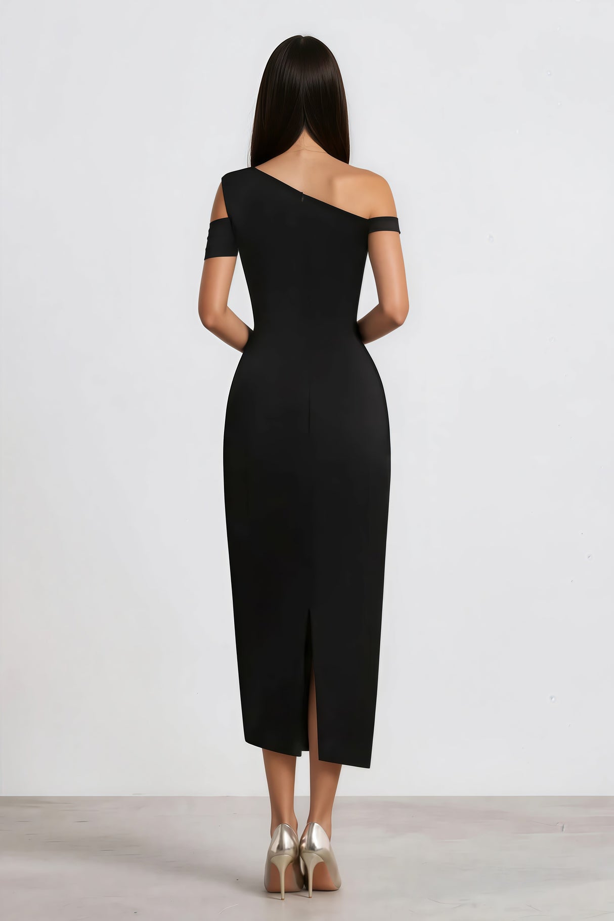 Aurohaya Amarante Black One Shoulder Asymmetrical Midi Dress