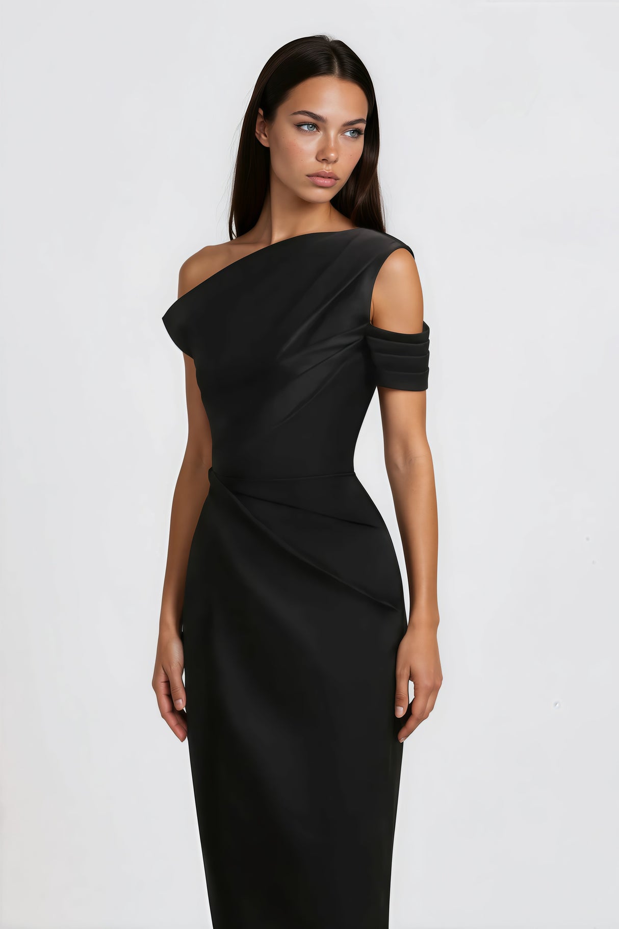 Aurohaya Amarante Black One Shoulder Asymmetrical Midi Dress