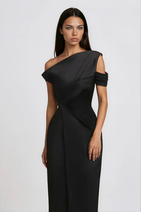 Aurohaya Amarante Black One Shoulder Asymmetrical Midi Dress