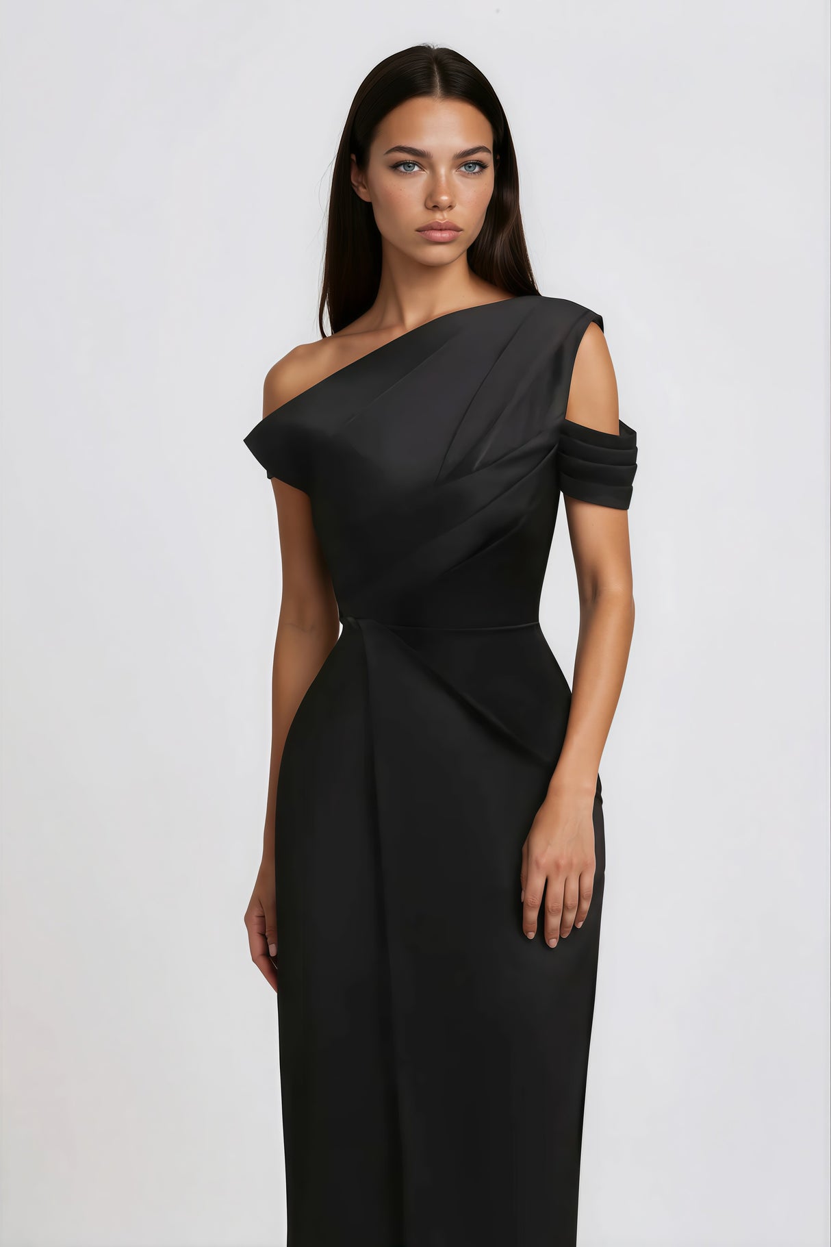 Aurohaya Amarante Black One Shoulder Asymmetrical Midi Dress