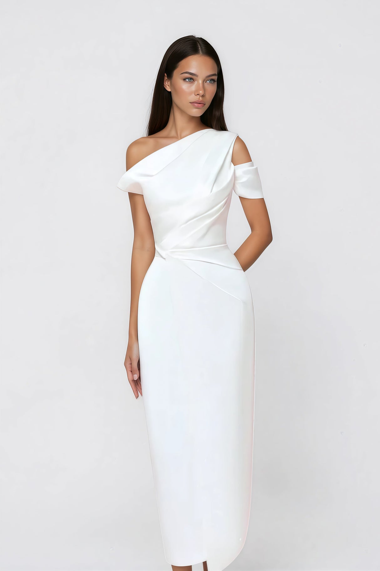 Aurohaya Amarante White One Shoulder Asymmetrical Midi Dress