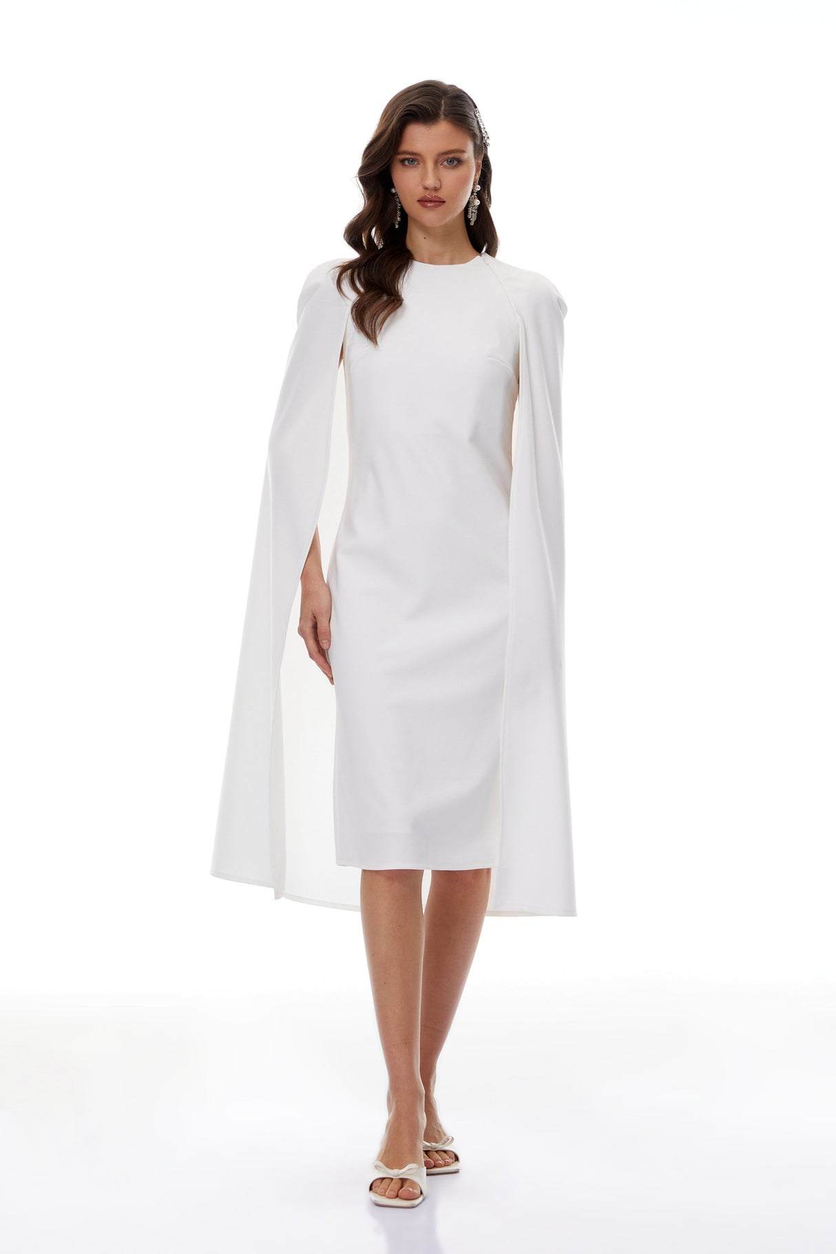 Aurohaya Amelia White Cape Effect Midi Dress
