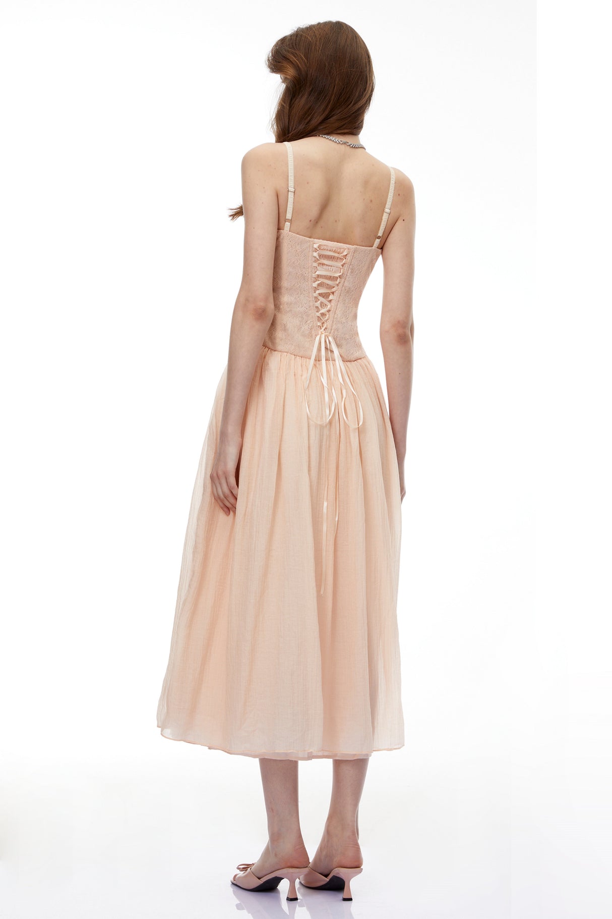 Aurohaya Amina Pink Floral Lace Midi Dress with Panels