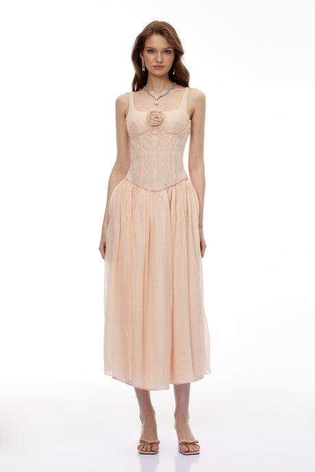 Aurohaya Amina Pink Floral Lace Midi Dress with Panels