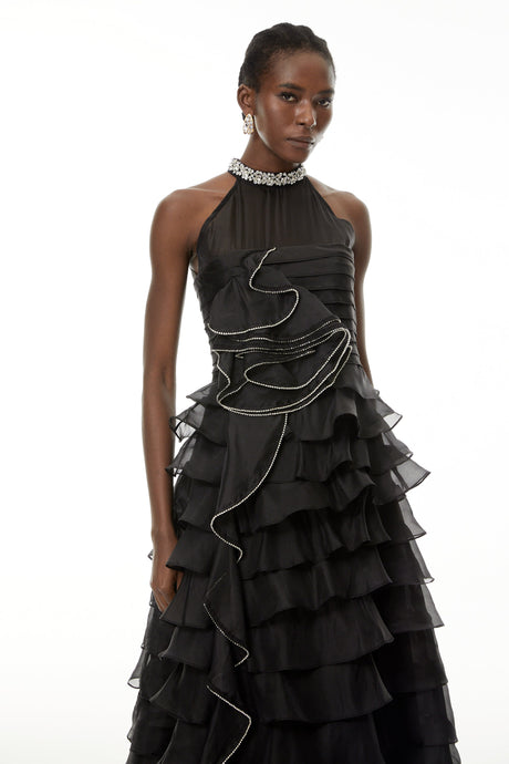 Aurohaya Anathi Black 3D Petal Ruffled Maxi Dress