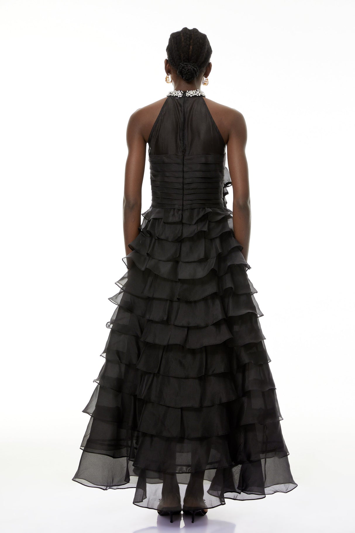 Aurohaya Anathi Black 3D Petal Ruffled Maxi Dress