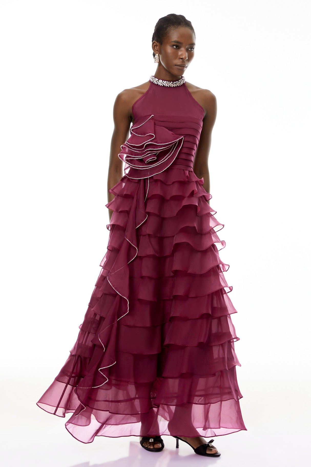 Aurohaya Anathi Red 3D Petal Ruffled Maxi Dress