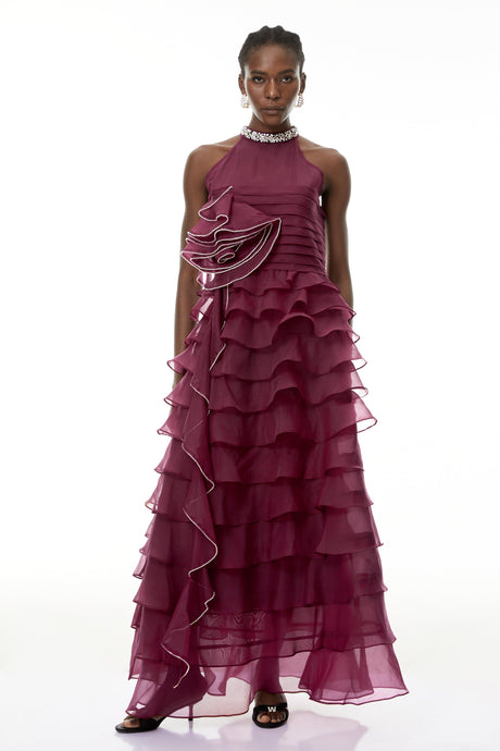 Aurohaya Anathi Red 3D Petal Ruffled Maxi Dress