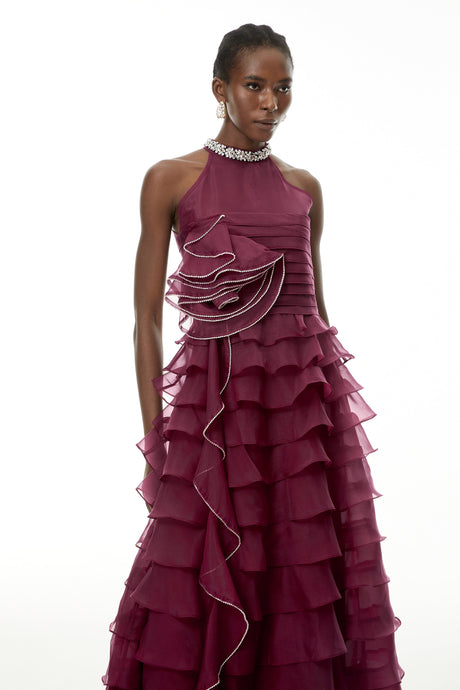 Aurohaya Anathi Red 3D Petal Ruffled Maxi Dress