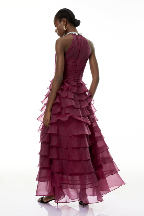 Aurohaya Anathi Red 3D Petal Ruffled Maxi Dress