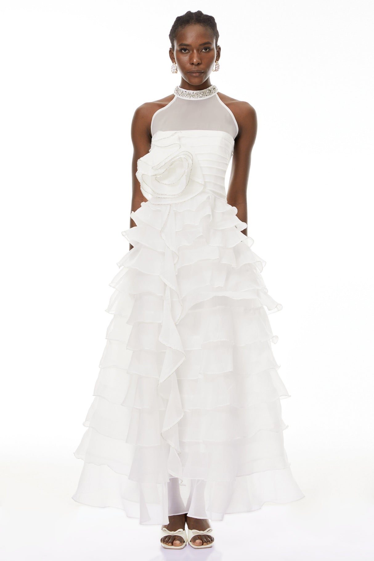 Aurohaya Anathi White 3D Petal Ruffled Maxi Dress