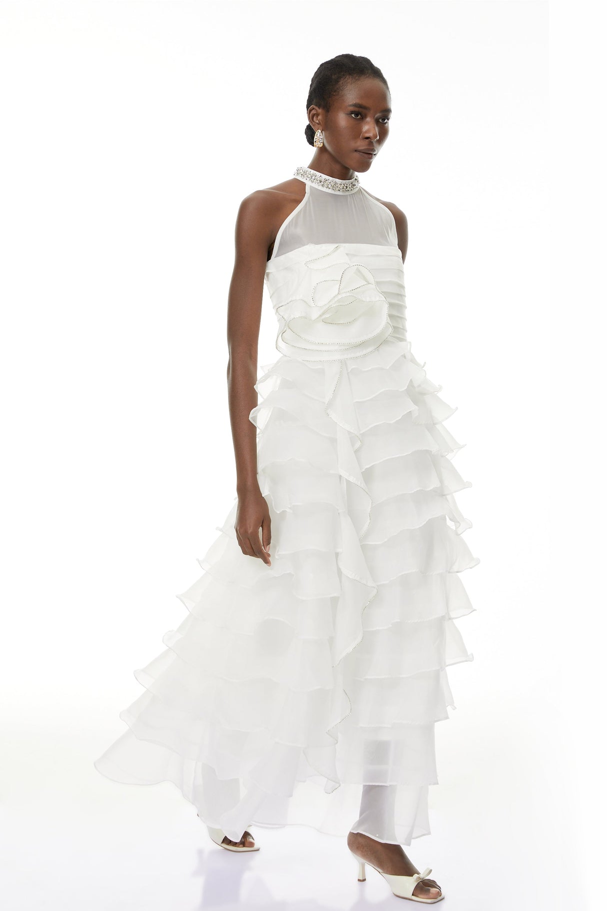 Aurohaya Anathi White 3D Petal Ruffled Maxi Dress