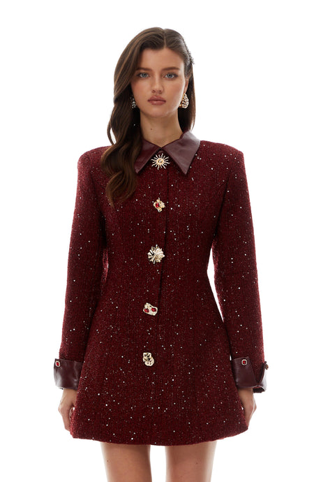 Aurohaya Ancora Red Embellished Tweed Mini Dress