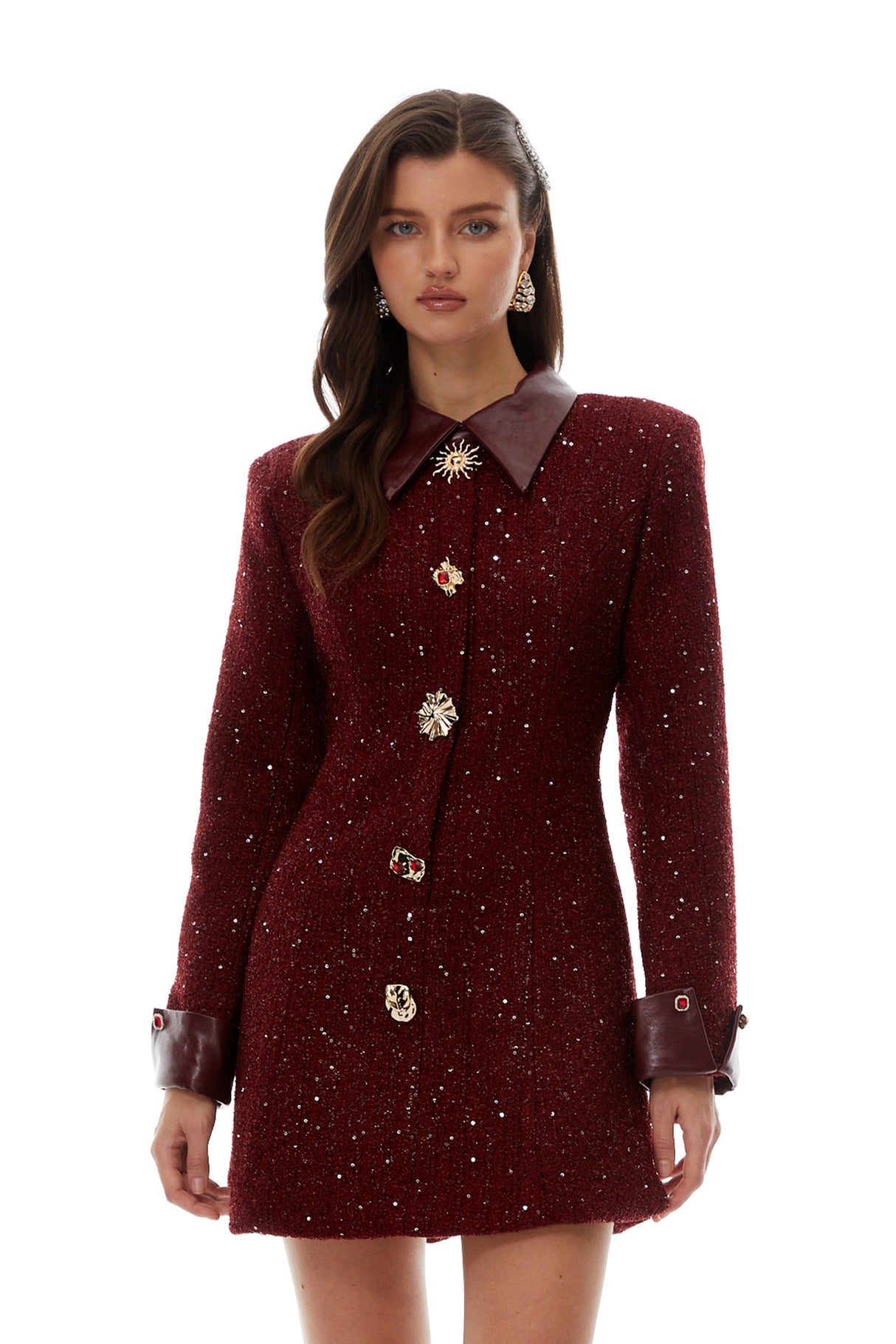 Aurohaya Ancora Red Embellished Tweed Mini Dress