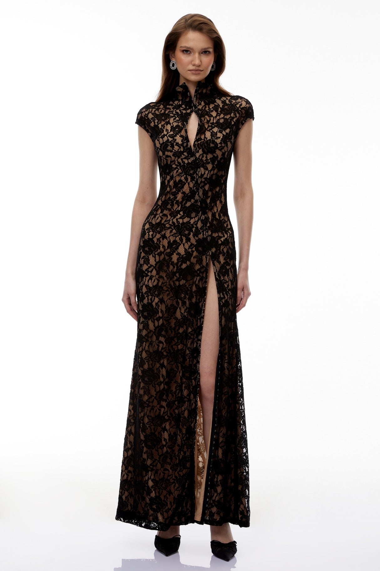 Aurohaya Andrea Black Keyhole Lace Maxi Dress with High Thigh Slit