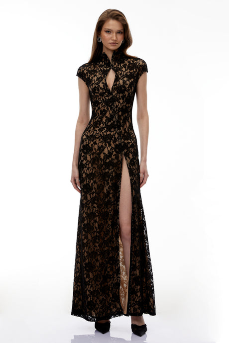 Aurohaya Andrea Black Keyhole Lace Maxi Dress with High Thigh Slit