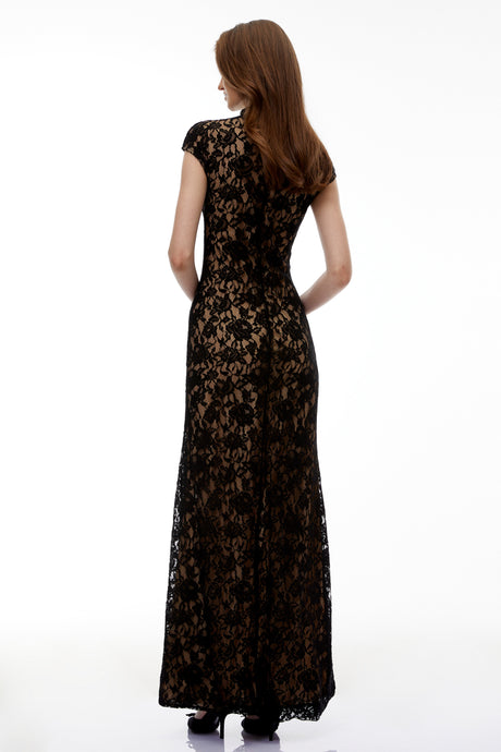 Aurohaya Andrea Black Keyhole Lace Maxi Dress with High Thigh Slit