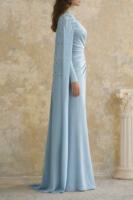 Aurohaya Andreea Blue Cape Maxi Dress with Embellishment