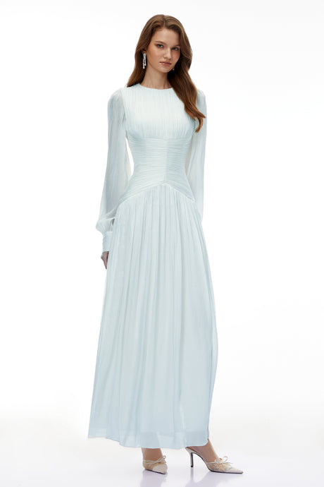Aurohaya Aneka Green High Neck Glossy Ruched Maxi Dress