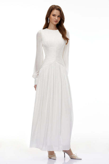 Aurohaya Aneka White High Neck Glossy Ruched Maxi Dress