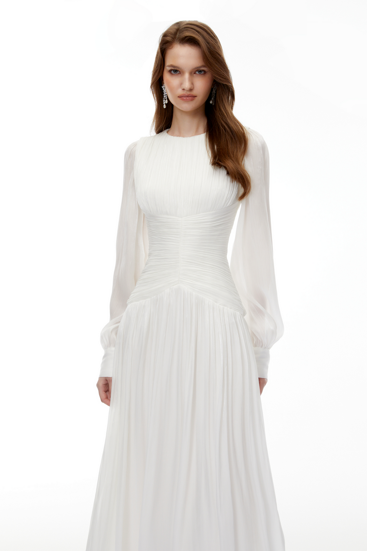 Aurohaya Aneka White High Neck Glossy Ruched Maxi Dress
