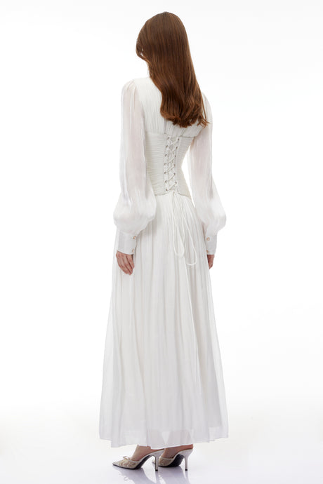 Aurohaya Aneka White High Neck Glossy Ruched Maxi Dress